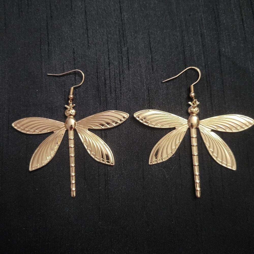 Gold tone dragonfly hook earrings